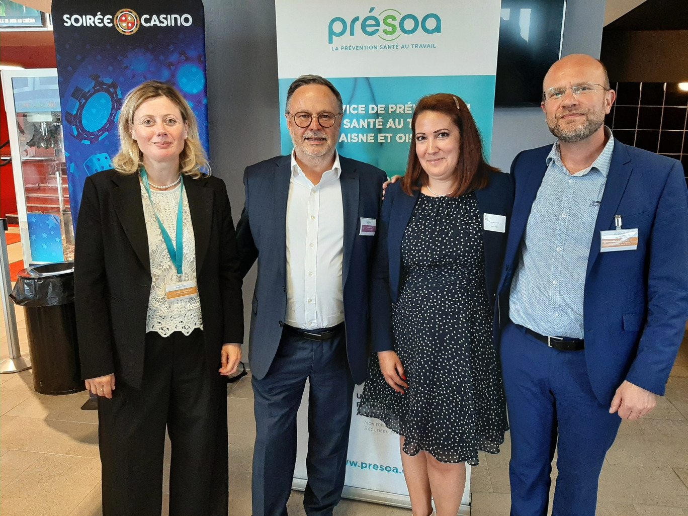 Isabelle Desmarais, Directrice générale de Présoa, Luc Baijot, Président de Présoa, Angélique Verzele, Directrice de la filière Présoa BTP et Martin Cacheux, Directeur Adjoint en charge de la Prévention Santé Travail; à l’occasion des Assemblées Générales Extraordinaires, vendredi 23 juin 2023 à Compiègne. (c)Présoa