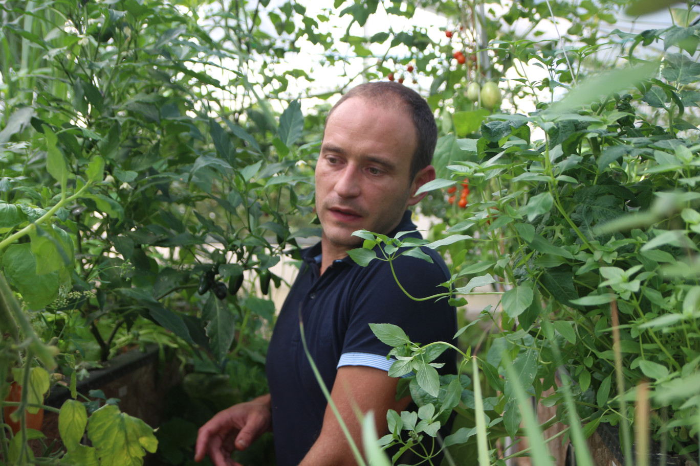 Gabriel Bedoy, au milieu de sa serre d'expérimentation construite dans son jardin à Coye-la-Forêt. (© Aletheia Press / B.Delabre)