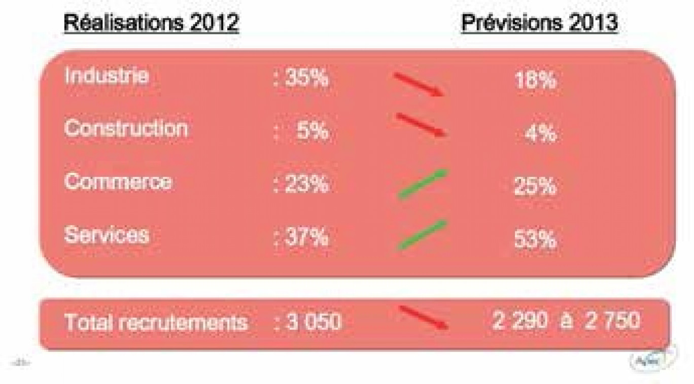 Les services représentent plus de la moitiés des prévisions de recrutement de cadres pour 2013 (source Apec).