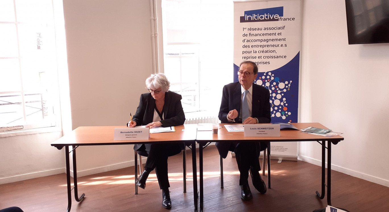 Le président d’Initiative France, Louis Schweitzer et Bernadette Sozet, déléguée générale.© Anne Daubrée.